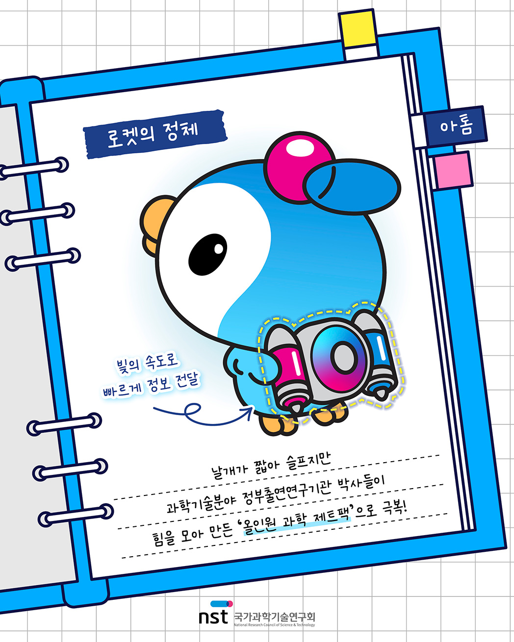 아톰 - 로켓의 정체 빛의 속도로 빠르게 정보 전달 날개가 짧아 슬프지만 과학기술분야 정부출연연구기관 박사들이 힘을 모아 만든 '올인원 과학 제트팩'으로 극복! 