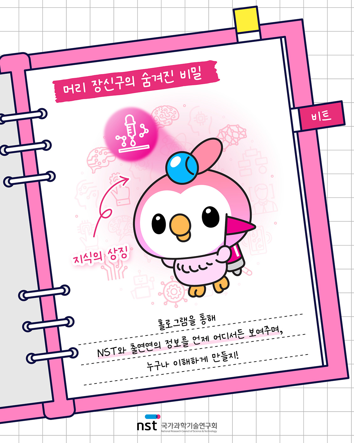 비트 - 머리 장신구의 숨겨진 비밀.지식의 상징. 홀로그램을 통해 NST와 출연연의 정보를 언제 어디서든 보여주며, 누구나 이해하게 만들지!